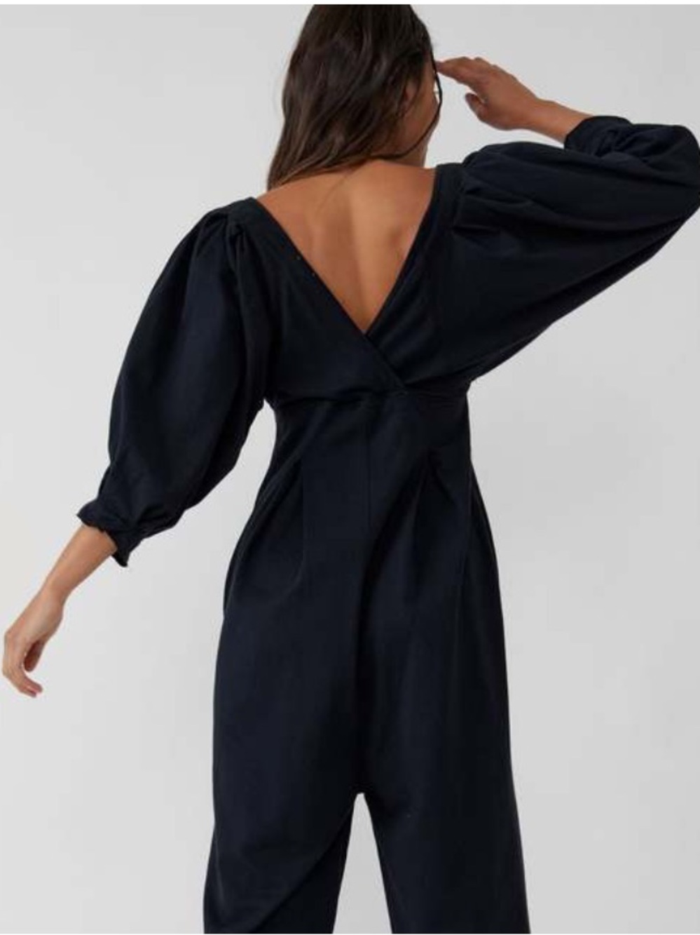 Free People “Lotta Love” over-washed Black Square-Neck Puff-Sleeve Jumpsuit- S - Picture 10 of 15